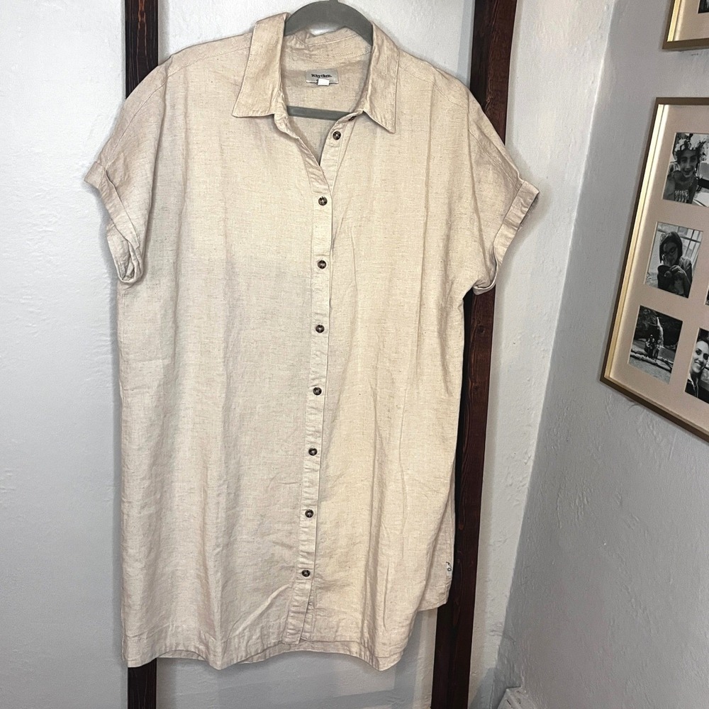 Rhythm Classics Linen Blend Shirt Dress Oatmeal Short Sleeve M Coastal Beach - Picture 2 of 10